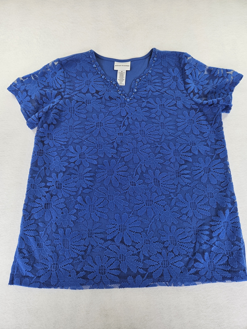 Alfred Dunner Royal Blue Lace Beaded Accent Short Sleeve Top Size M